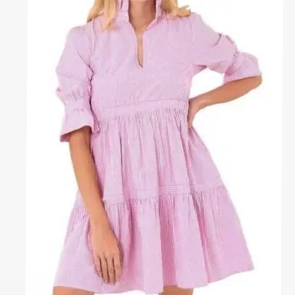 Gretchen Scott Pink Stripe Teardrop Dress Ruffle Tiered Preppy Coastal Small